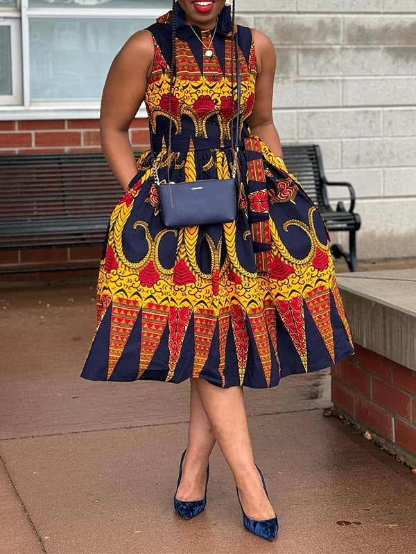 Printed Sleeveless Tied Shirt Dress Ins Street