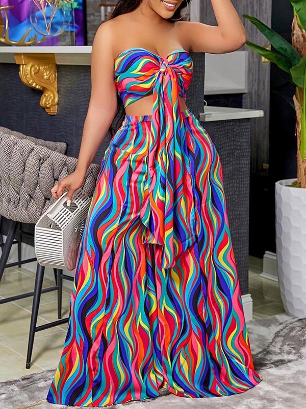 Printed Bandeau Top & Wide-Leg Pants Set Ins Street