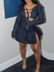 Denim Tied Shirt & Pleated Skirt Set Ins Street