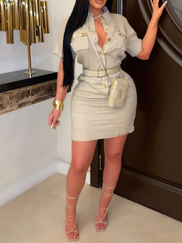 Button-Front Belted Dress Ins Street