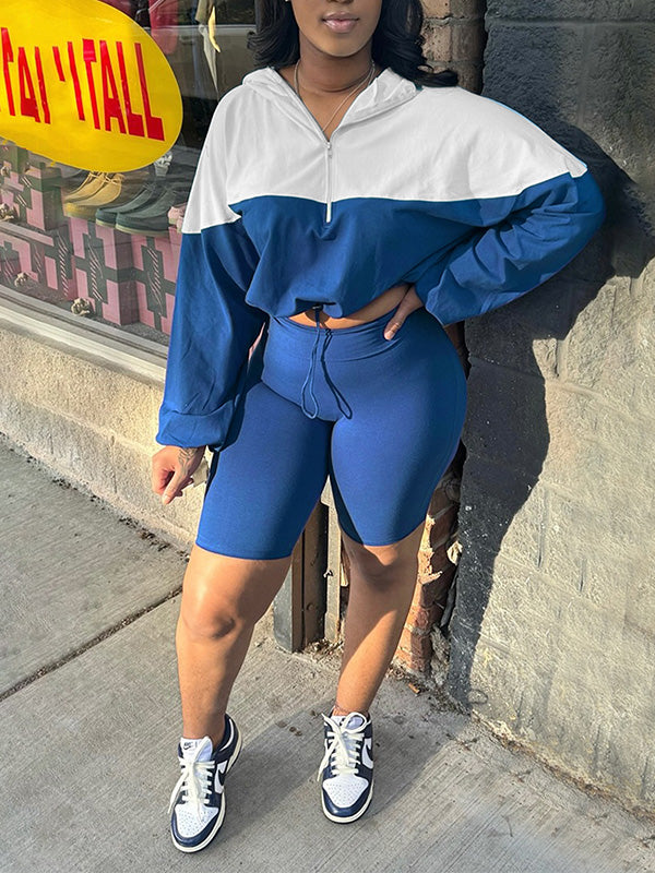 Two-Tone Zip Hoodie & Biker Shorts Set Ins Street
