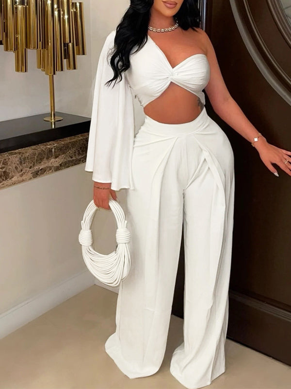 Solid One-Shoulder Crop Top & Pants Set Ins Street