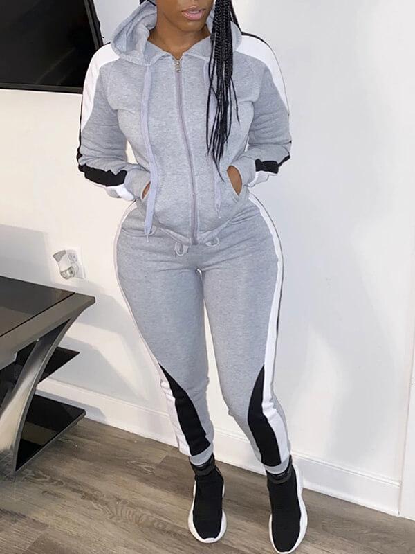 Colorblock Zip-Front Hoodie & Pants Set Ins Street