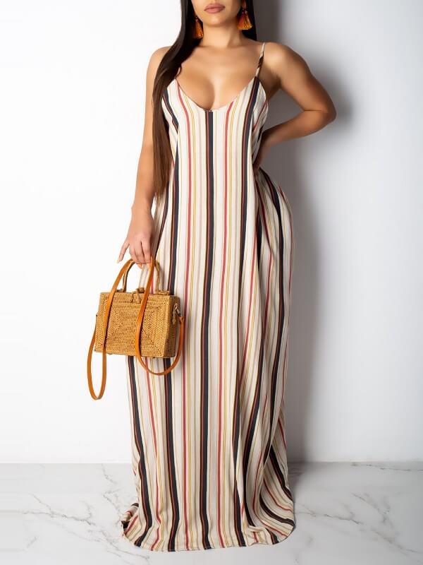 Stripe V-Neck Cami Dress Ins Street