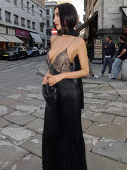 Lace-spliced Deep V-necked Meshed Tempting Clubwear-ready Evening Feminine Midi Dress InsStreet