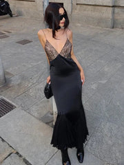 Lace-spliced Deep V-necked Meshed Tempting Clubwear-ready Evening Feminine Midi Dress InsStreet