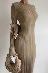 Ribbed Knit Dress with Long Flare Sleeves and Backless Design InsStreet