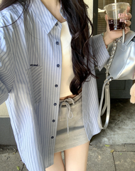 Seville Cotton Pocketed Striped Button Down Top - Blue Ins Street