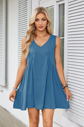 V-Neck Sleeveless Pleated Vest Pocket Dress Ins Street