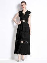 Sacha Cotton Linen Crochet Tiered Midi Dress - Black Ins Street