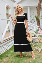 Square Neck Lace Back Shirred Puff Sleeve Dress ALL-001