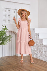 Flying Sleeve Square Neck Off Shoulder Pleated Hem Dress AAKA-001