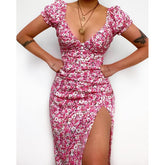 Deep V-Neck Short Sleeve Printed Mini Dress ins