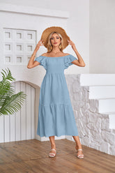 Flying Sleeve Square Neck Off Shoulder Pleated Hem Dress AAKA-001