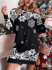 Long Sleeve V-neck Snowflake Print Dresses InsStreet