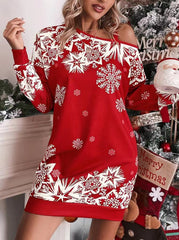 Long Sleeve V-neck Snowflake Print Dresses InsStreet