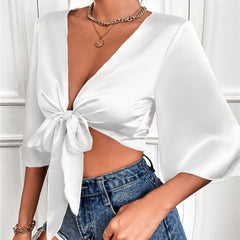 Lisandro Tie Front Kimono Crop Top - White Ins Street
