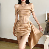 Kendal Basil Satin Draping Off Shoulder Corset Dress Ins Street