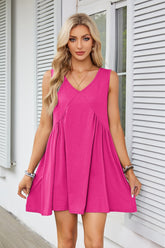V-Neck Sleeveless Pleated Vest Pocket Dress Ins Street