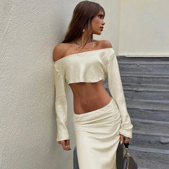 Off Shoulder Long Sleeve Top and Skirt 2 Piece Set Asymmetric Silky Co-Ords Matching Sets Midi Dress InsStreet