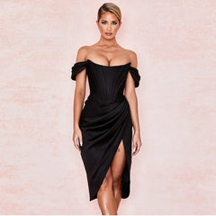 Off Shoulder Split Corset Midi Dress InsStreet