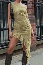 Print Ruffle Irregular Hem Dress with One Shoulder InsStreet