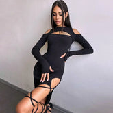 Ribbed Hollow Long Sleeve Off Shoulder Tie Up Party Clubwear Midi Dress InsStreet