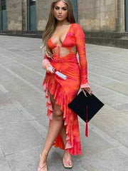 Ruffle Slit Cut Out Backless Elegant Long Sleeve Midi Dress InsStreet