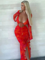 Ruffle Slit Cut Out Backless Elegant Long Sleeve Midi Dress InsStreet