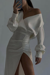 Off Shoulder Satin Dress with Gathered Silt InsStreet
