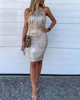 Sequins Sleeveless Halter Tassel Design Bodycon Party Evening Dress InsStreet