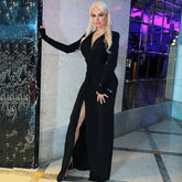 Low Cut Long Sleeve Split Deep Neck Ruched Elegant Midi Dress InsStreet