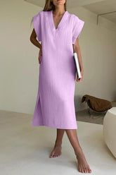 Solid V Neck Cotton Dress with Side Slit InsStreet
