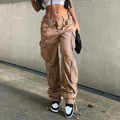 Streetwear Pockets Wide Leg High Waist Straight Trousers InsStreet