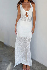 White Crochet Hollow Out Tank Dress with Tie-back InsStreet