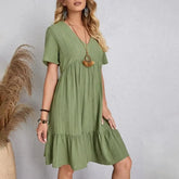 Solid V-Neck Short Sleeve Ruffles Boho Dress InsStreet