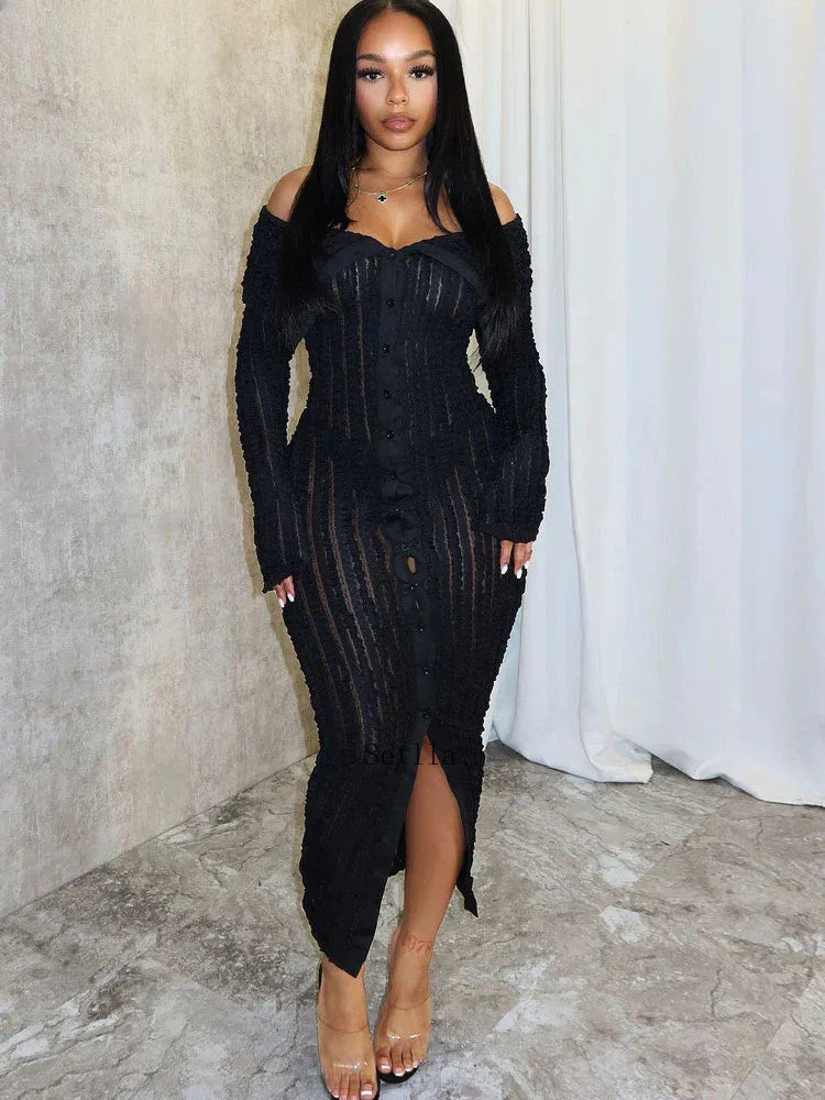 Women's Pleated Off Shoulder See-Through Fitted Ruched Party Night Sexy Midi Dress InsStreet