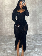 Women's Pleated Off Shoulder See-Through Fitted Ruched Party Night Sexy Midi Dress InsStreet