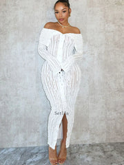 Women's Pleated Off Shoulder See-Through Fitted Ruched Party Night Sexy Midi Dress InsStreet