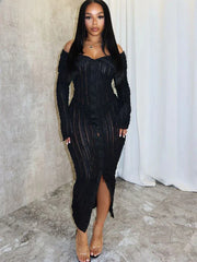 Women's Pleated Off Shoulder See-Through Fitted Ruched Party Night Sexy Midi Dress InsStreet