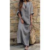 Summer Striped Cotton Linen Oversize Long Boho Dress InsStreet
