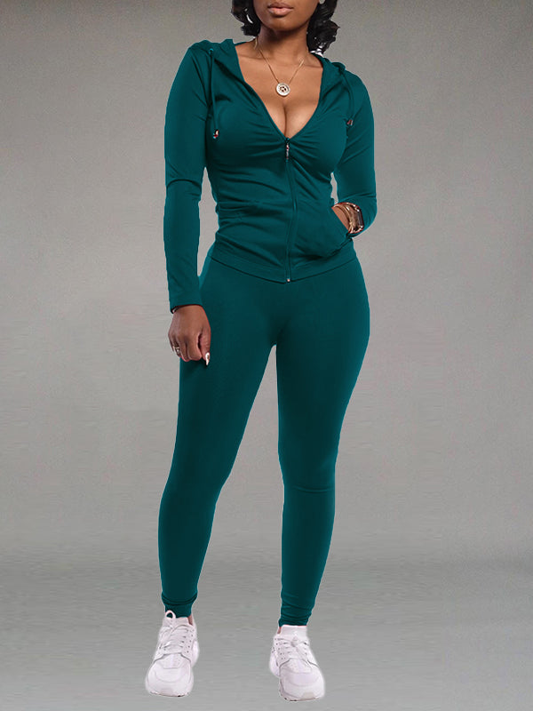 Solid Zip Hoodie & Pants Set Ins Street