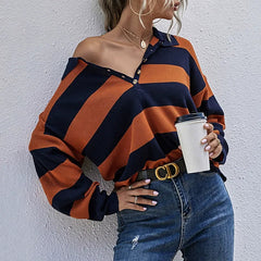 Polo Collar Long Sleeved Striped Knitted Sweater Insstreet