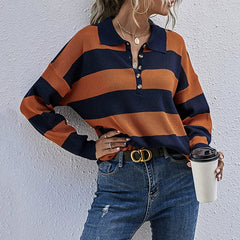 Polo Collar Long Sleeved Striped Knitted Sweater Insstreet