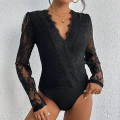 Lace Long-Sleeved V-Neck Bodysuit InsStreet