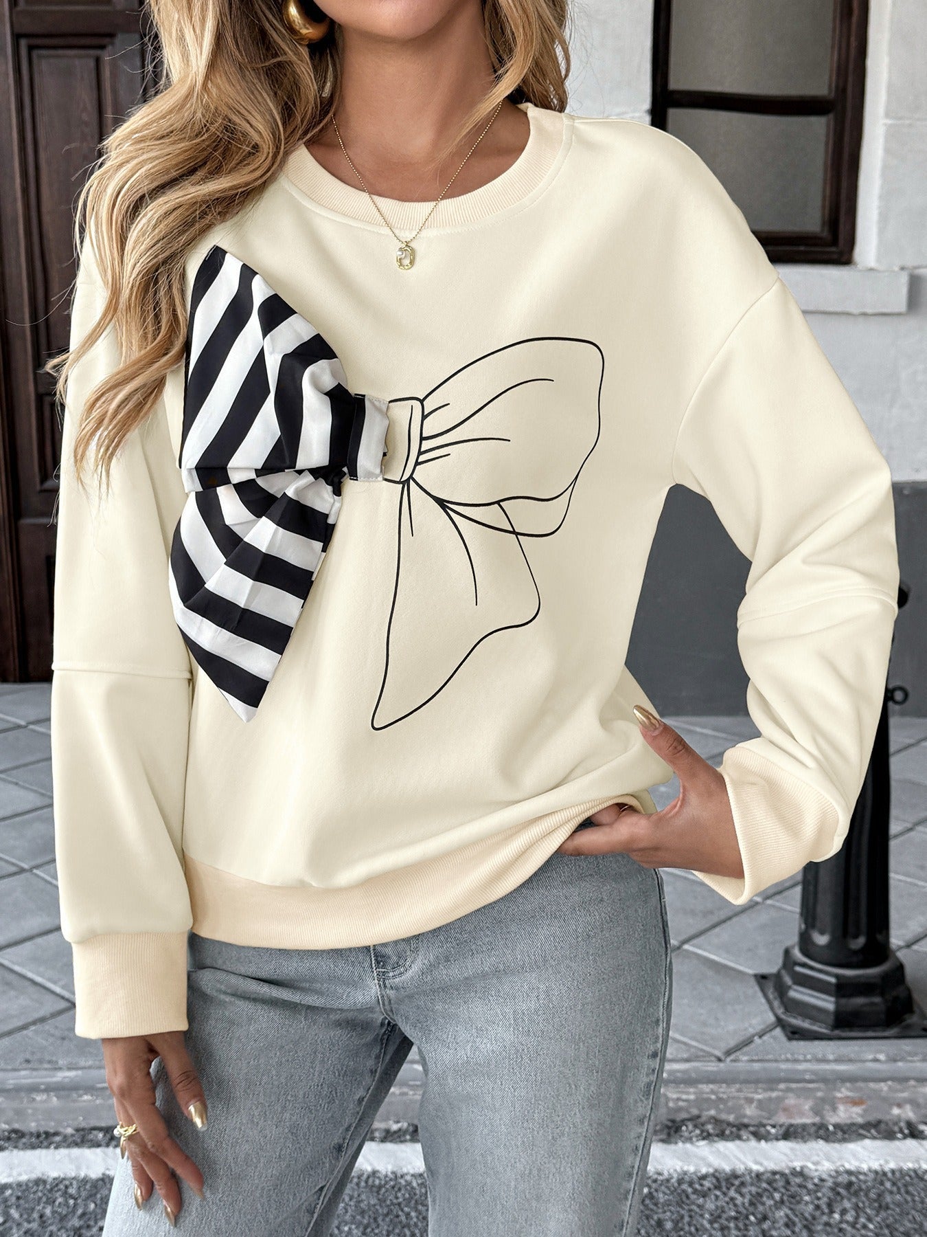 Casual Striped Bow Pullover Sweatshirt InsStreet