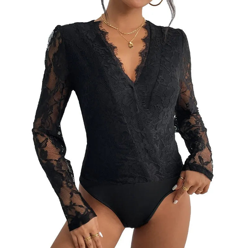 Lace Long-Sleeved V-Neck Bodysuit InsStreet