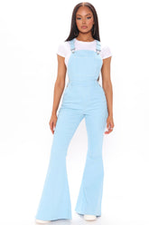 Getting By Stretch Flare Denim Overalls - Light Blue Ins Street