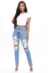 New Perspective Ripped Slim Mom Jeans - Medium Blue Wash Ins Street