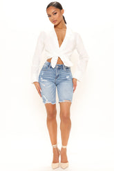 Do What You Feel Distressed Denim Bermudas - Medium Blue Wash Ins Street